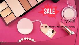  Presentation with product - Beautiful PPT theme featuring cosmetic labels - make up product on pink backdrop and a coral colored foreground