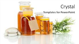  Presentation with bottles - Theme having mushrooms growing on a tree in the park in sunny autumn day background and a gray colored foreground