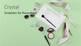 Presentation with hell - PPT theme featuring cosmetic-makeup-set-and-white background and a mint green colored foreground