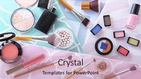  Presentation with beauty cosmetic - PPT theme with cosmetic products and brushes background and a coral colored foreground