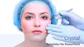  Presentation with cosmetic surgery - Amazing PPT theme having cosmetic surgery with scalpel on young woman close up backdrop and a sky blue colored foreground
