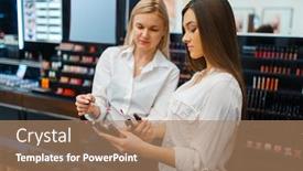  Presentation with cosmetics - PPT theme featuring cosmetician-advises-woman-in-cosmetics background and a coral colored foreground