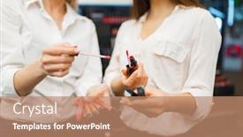  Presentation with cosmetics - Cool new slide deck with cosmetician-advises-woman-in-cosmetics backdrop and a coral colored foreground