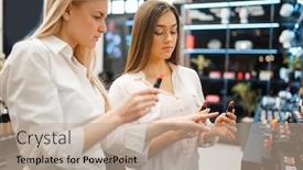  Presentation with cosmetics - Slide set consisting of cosmetician-and-woman-at-showcase background and a coral colored foreground