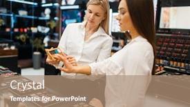  Presentation with cosmetics - Beautiful PPT layouts featuring cosmetician-at-counter-and-woman backdrop and a coral colored foreground