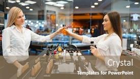  Presentation with cosmetics - Audience pleasing slide deck consisting of cosmetician-at-counter-and-woman backdrop and a coral colored foreground