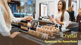  Presentation with cosmetics - Beautiful slide deck featuring cosmetician-at-counter-and-woman backdrop and a tawny brown colored foreground