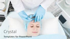  Presentation with injection - Beautiful PPT theme featuring cosmetician making revitalizing injection in forehead of her client during beauty procedure backdrop and a sky blue colored foreground