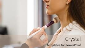  Presentation with cosmetics - Presentation design featuring cosmetician-with-brush-and-woman background and a soft green colored foreground