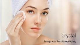  Presentation with cosmetic - Colorful PPT layouts enhanced with cosmetics - beautiful woman applying cosmetic cream backdrop and a soft green colored foreground