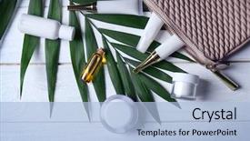  Presentation with cosmetic - Beautiful presentation design featuring cosmetics - cosmetic bag with products backdrop and a light blue colored foreground