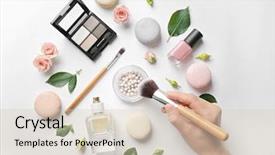  Presentation with makeup - Presentation enhanced with cosmetics - female hand with brush makeup background and a lemonade colored foreground