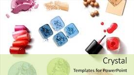  Presentation with cosmetics - Beautiful presentation theme featuring cosmetics - group of make-up products isolated backdrop and a soft green colored foreground