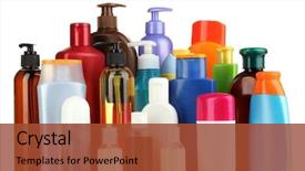  Presentation with personal care - Colorful PPT layouts enhanced with cosmetics - lot of different cosmetic products backdrop and a red colored foreground