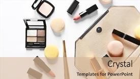  Presentation with makeup products - Colorful theme enhanced with cosmetics - makeup products with cosmetic bag backdrop and a lemonade colored foreground