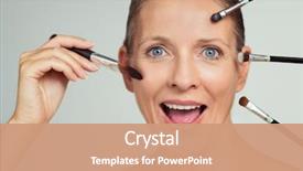  Presentation with brushes makeup - Beautiful PPT layouts featuring cosmetics - portrait of funny mature woman backdrop and a coral colored foreground