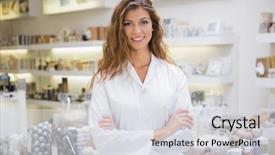  Presentation with beautician - Presentation theme with cosmetics - portrait of smiling beautician background and a sky blue colored foreground