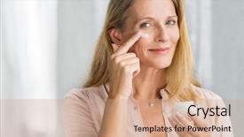  Presentation with cosmetic - Slide set consisting of cosmetics - smiling senior woman applying anti-aging background and a coral colored foreground