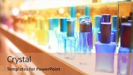  Presentation with glass bottle packaging - Audience pleasing slides consisting of cosmetics - stand with colourful glass bottles backdrop and a coral colored foreground
