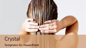  Presentation with conditioner - PPT theme enhanced with cosmetics - woman applying hair conditioner isolated background and a coral colored foreground