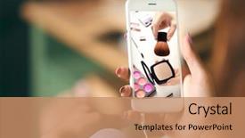  Presentation with cosmetics beauty - Colorful PPT theme enhanced with cosmetics - woman watching online tutorial backdrop and a coral colored foreground