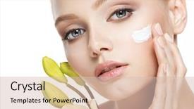  Presentation with cosmetic - Audience pleasing slides consisting of cosmetics - young woman with cosmetic cream backdrop and a soft green colored foreground