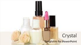  Presentation with hotel amenities - Colorful PPT theme enhanced with cosmetics and hotel amenities kit on white background backdrop and a lemonade colored foreground