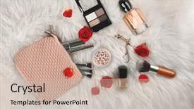  Presentation with perfume - Theme featuring cosmetics and perfume on furry background and a soft green colored foreground