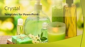  Presentation with cosmetics natural - PPT theme with cosmetics bottles and natural handmade soap on green background background and a yellow colored foreground