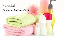  Presentation with cosmetics - PPT theme featuring personal hygiene - cosmetics bottles with towels background and a sky blue colored foreground
