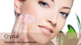  Presentation with cosmetics cream - Presentation theme consisting of cosmetics cremes - woman applying moisturizer cream background and a coral colored foreground