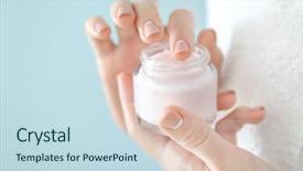  Presentation with woman covering man mouth hand - Slides enhanced with cosmetics cremes - young woman with jar background and a sky blue colored foreground