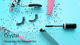  Presentation with blue eyes - PPT layouts with cosmetics for eyes make-up background and a arctic colored foreground