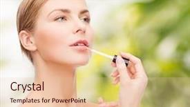  Presentation with cosmetics beauty - Audience pleasing presentation theme consisting of cosmetics health and beauty concept - beautiful woman with pink lipgloss backdrop and a lemonade colored foreground