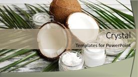  Presentation with coconut oil - Beautiful PPT theme featuring cosmetics ingredients - coconut with jars of coconut backdrop and a mint green colored foreground