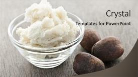  Presentation with nuts - Colorful presentation theme enhanced with cosmetics ingredients - shea nuts and sheabutter backdrop and a light gray colored foreground