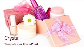  Presentation with cosmetics beauty cosmetic white - PPT theme consisting of cosmetics packaging - beauty set gift isolated background and a lemonade colored foreground