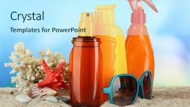  Presentation with sun flares on a blue - PPT theme consisting of cosmetics packaging - bottles with suntan cream background and a  colored foreground