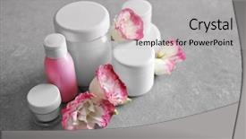  Presentation with packaging - Presentation theme with cosmetics packaging - cosmetic bottles and eustoma flowers background and a  colored foreground
