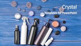  Presentation with blue aged wood sign - Audience pleasing presentation theme consisting of cosmetics packaging - different cosmetic bottles on blue backdrop and a teal colored foreground