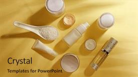  Presentation with cosmetic - Beautiful presentation theme featuring cosmetics packaging - different cosmetic on color background backdrop and a gold colored foreground