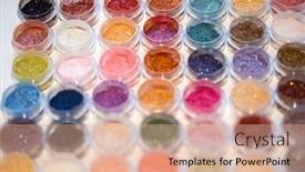  Presentation with cosmetics - Colorful PPT layouts enhanced with cosmetics pigments for make-up eyes lips face and body brilliant radiant scattered multicolored powders backdrop and a coral colored foreground