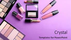  Presentation with cosmetics - Audience pleasing PPT theme consisting of cosmetics set on purple background backdrop and a lilac colored foreground