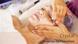  Presentation with beauty cosmetic - Slides with cosmetologist-applies-a-moisturizing-mask background and a coral colored foreground