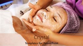  Presentation with beauty cosmetic - Slides consisting of cosmetologist-applies-a-moisturizing-mask background and a coral colored foreground