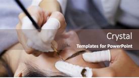  Presentation with beauty salon - Amazing presentation design having cosmetologist applying permanent tattooing of eyebrows in beauty salon microblading procedure backdrop and a violet colored foreground