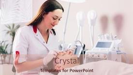  Presentation with treatment - PPT theme with cosmetologist-doing-hydrafacial-treatment background and a  colored foreground