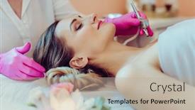  Presentation with laser - Beautiful PPT theme featuring cosmetologist-giving-woman-a-skin backdrop and a mint green colored foreground