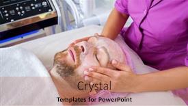  Presentation with therapeutic - PPT layouts having cosmetologist-makes-a-man background and a coral colored foreground