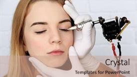  Presentation with ayurvedic medicine making - Slide deck consisting of cosmetologist making permanent makeup close background and a coral colored foreground